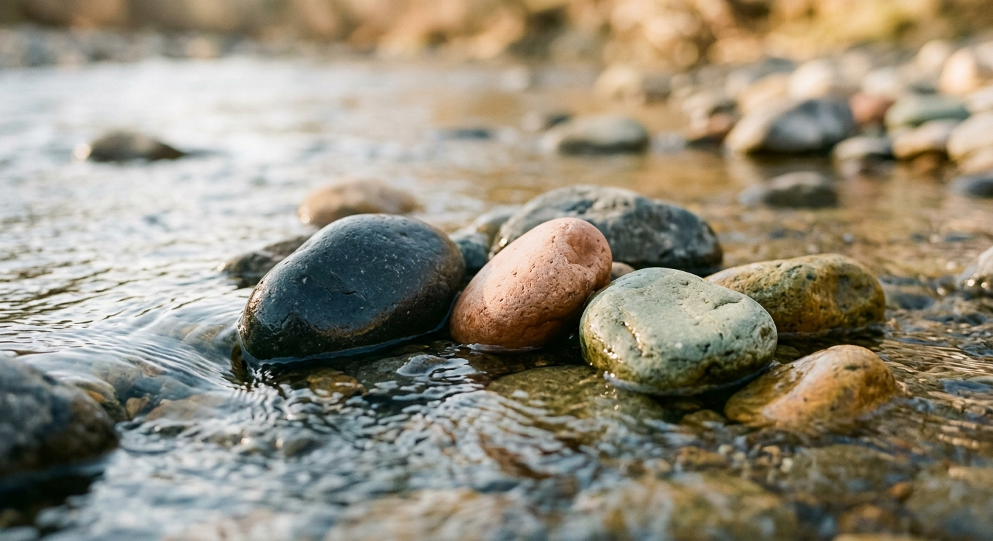Smooth river stones resting together in a clear stream